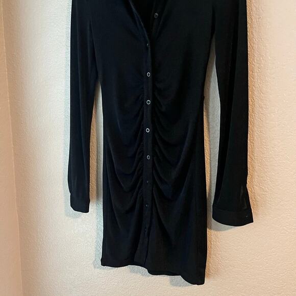 Bardot Black Shimmer Ruched Bodycon Dress Stretch Long Sleeve 4 Button Down - Picture 4 of 7